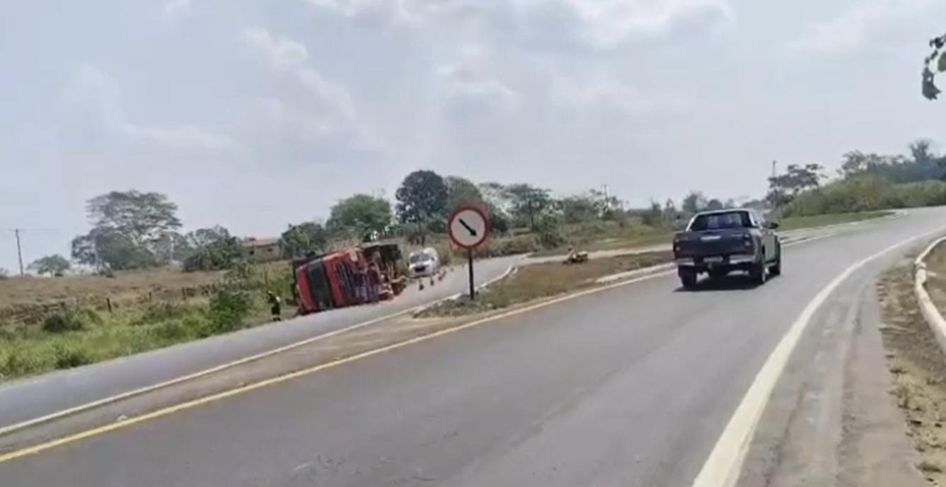 Caminhão com 65 bois tomba em rotatória e animais ficam soltos em Ji-Paraná